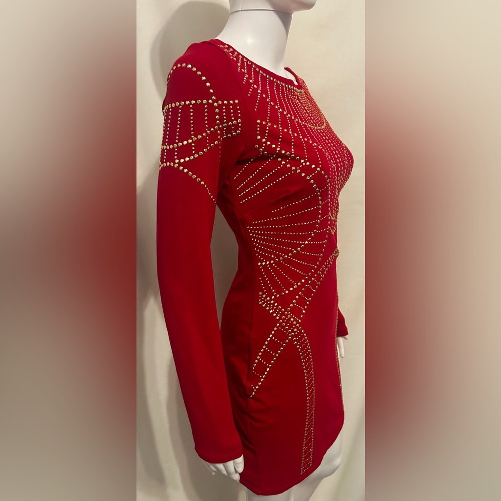 Bebe Red Embellished Dress Gold Studs Holiday Party Witchy Whimsigoth Steampunk - Picture 5 of 8